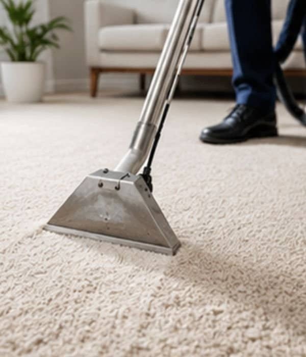 Person using carpet cleaning machine on beige carpet in living room. Carpet Cleaning sydney