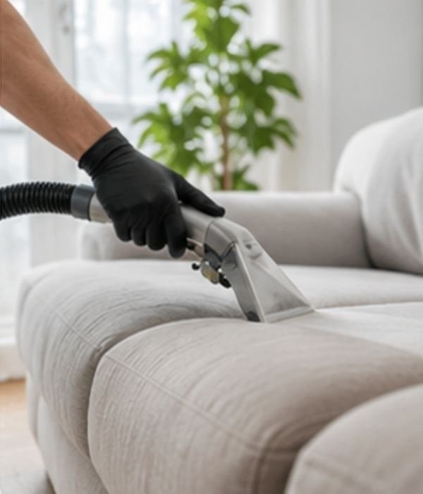 Technician cleaning a sofa with a vacuum cleaner in a modern living room.