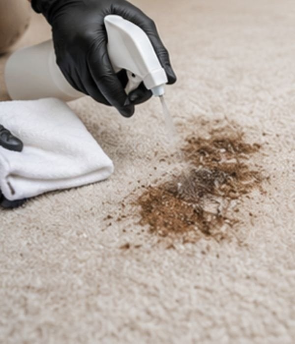 Carpet stain removal with spray bottle and gloves for cleaning.