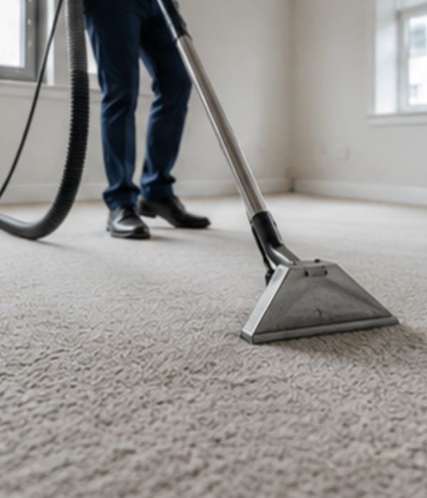 Person using a vacuum cleaner to deep clean carpet in a bright room.