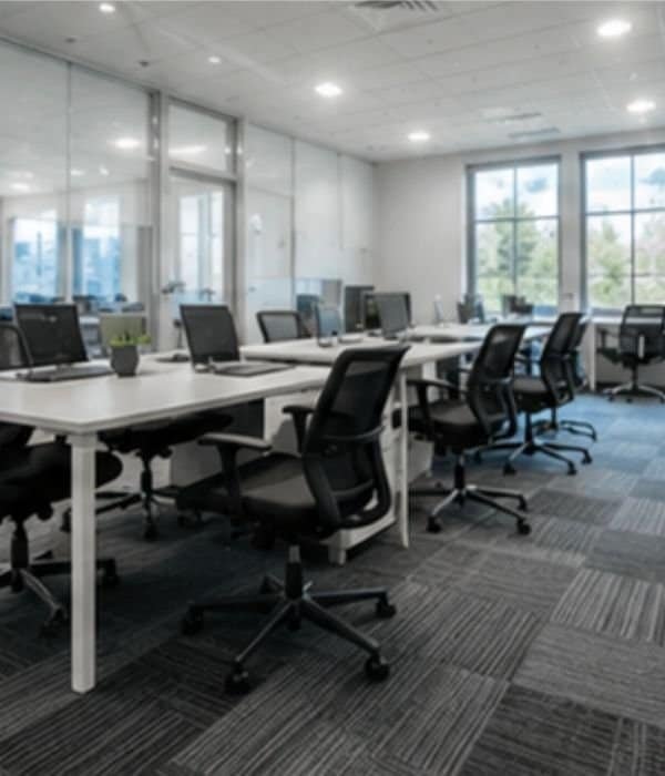 Contemporary office with desks, chairs, and computers in a bright space.