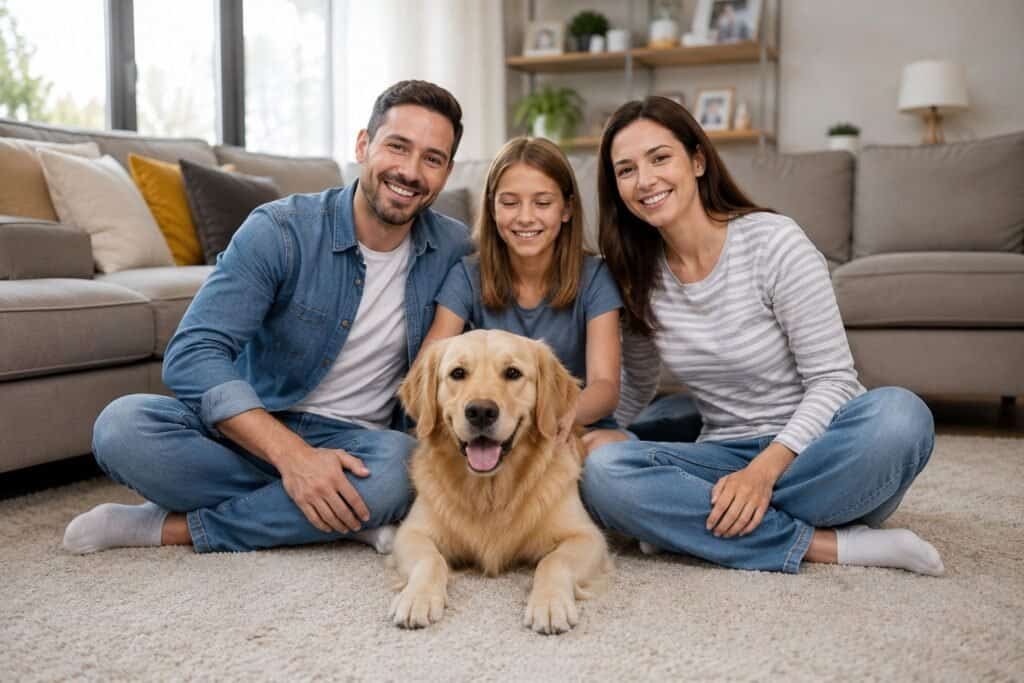 Family with dog sitting on clean carpet in living room.