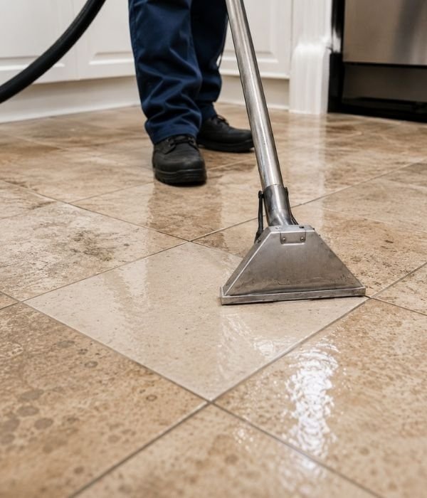 Professional tile floor cleaning using a steam or pressure washer in a home kitchen.